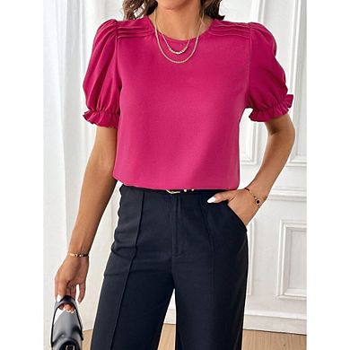 Womens Puff Short Sleeve Blouse Crew Neck Smocked Causal Cute T Shirts Tops