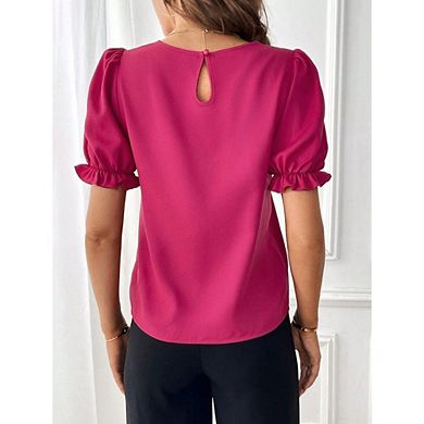 Womens Puff Short Sleeve Blouse Crew Neck Smocked Causal Cute T Shirts Tops