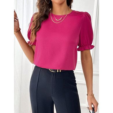 Womens Puff Short Sleeve Blouse Crew Neck Smocked Causal Cute T Shirts Tops