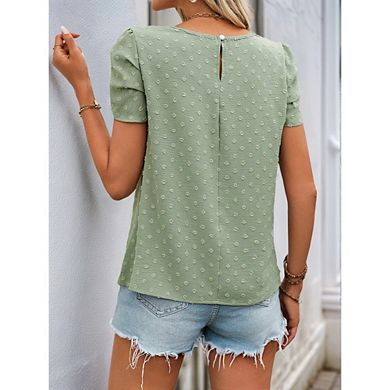 Women's Short Sleeves T-shirt Crew Neck Causal Puffed Sleeve Elegant Swiss Dot Blouse