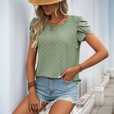 Women's Short Sleeves T-shirt Crew Neck Causal Puffed Sleeve Elegant Swiss Dot Blouse