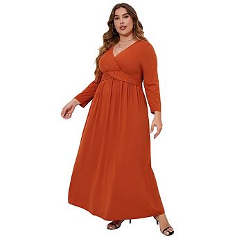 Plus Size Women's V Neck Twist Waist Maxi Dress Long Sleeve Flowy Casual Evening Dress