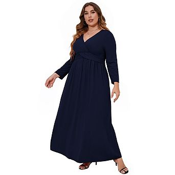 Plus Size Women's V Neck Twist Waist Maxi Dress Long Sleeve Flowy Casual Evening Dress
