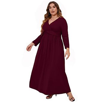 Plus Size Women's V Neck Twist Waist Maxi Dress Long Sleeve Flowy Casual Evening Dress