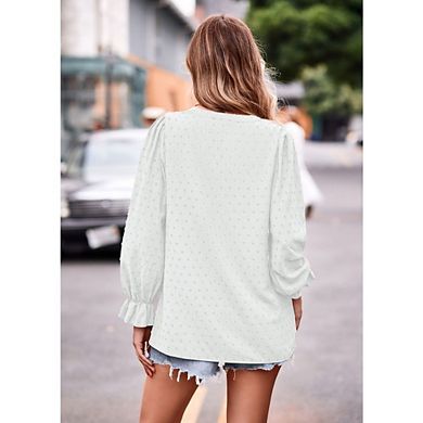 Womens Causal Dressy Henley Shirt Swiss Dot Long Sleeve Lightweight Work Blouse