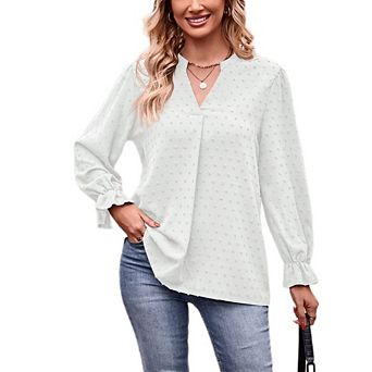 Womens Causal Dressy Henley Shirt Swiss Dot Long Sleeve Lightweight Work Blouse