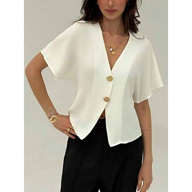 Women's V Neck Blouse Causal Dressy Short Sleeve Button Front Work Office Top