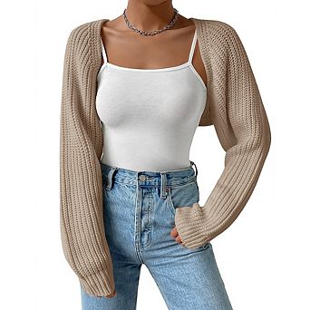 Women Cropped Knit Cardigan Open Front Long Sleeve Bolero Oversized Chunky Knit Sweater for Layering