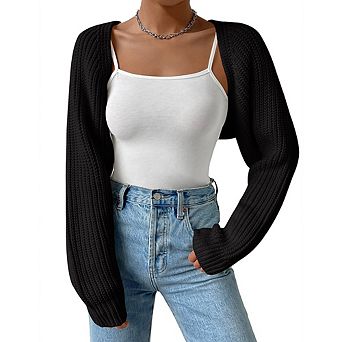 Women Cropped Knit Cardigan Open Front Long Sleeve Bolero Oversized Chunky Knit Sweater for Layering