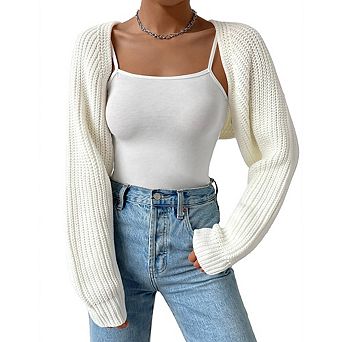 Women Cropped Knit Cardigan Open Front Long Sleeve Bolero Oversized Chunky Knit Sweater for Layering
