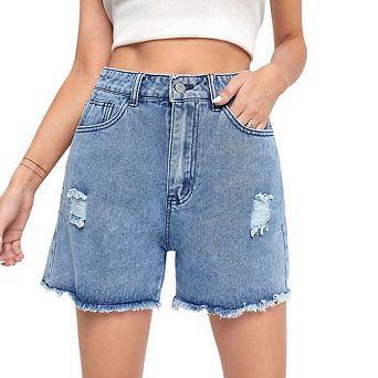 Women's High-Waist Stretch Slim-Fit Jean Shorts Raw Hem Wide-Leg Summer Style