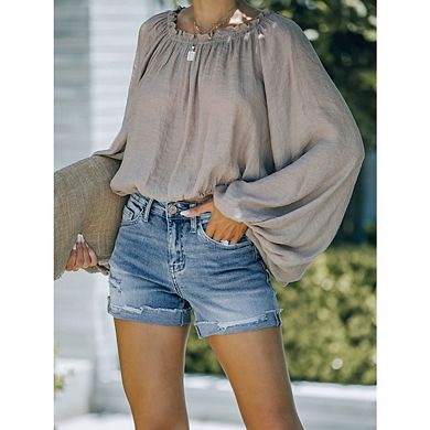 Women's High-Waist Ripped Stretch Denim Shorts with Folded Hem Casual Style