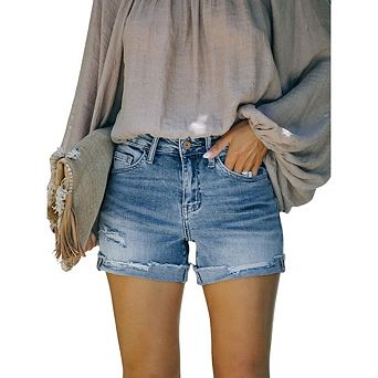 Women's High-Waist Ripped Stretch Denim Shorts with Folded Hem Casual Style
