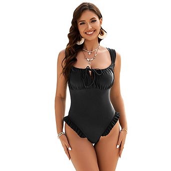 Women's One Piece Swimsuit, Ruched Tie Back Bathing Suit with Ruffle Hem for Beach Vacation