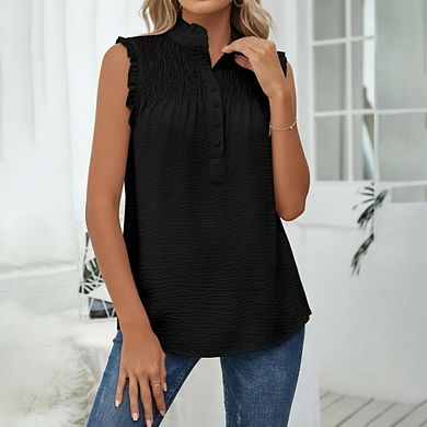 Women's Sleeveless Tank Top Casual Dressy Smocked Mock Neck Button Front Blouse