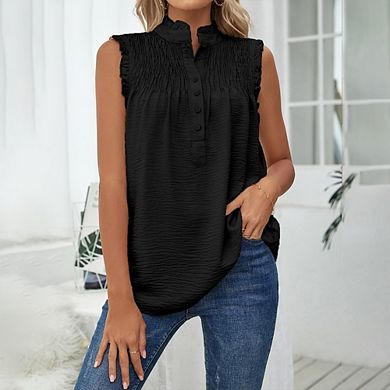 Women's Sleeveless Tank Top Casual Dressy Smocked Mock Neck Button Front Blouse
