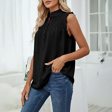 Women's Sleeveless Tank Top Casual Dressy Smocked Mock Neck Button Front Blouse