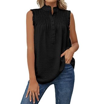 Women's Sleeveless Tank Top Casual Dressy Smocked Mock Neck Button Front Blouse