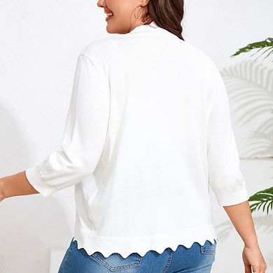 Women's Plus Size Knit Cardigan 3/4 Sleeve Scallop Hem Casual Cropped Sweater