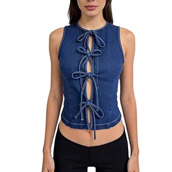 Women's Y2K Sleeveless Denim Crop Top Bow Tie Front Cutout Fitted Casual Vest