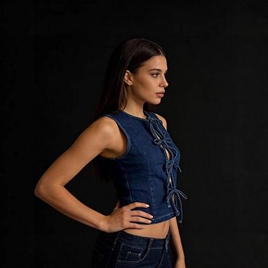 Women's Y2K Sleeveless Denim Crop Top Bow Tie Front Cutout Fitted Casual Vest