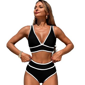 Women's Floral Print High Waist Bikini Set Contrast Trim Two Piece Swimsuit for Beach Vacation
