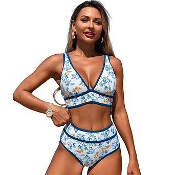 Women's Floral Print High Waist Bikini Set Contrast Trim Two Piece Swimsuit for Beach Vacation