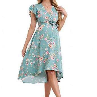 Women Summer Ruffle Sleeve Wrap Midi Dress V-Neck High Low Hem Floral Casual Dress