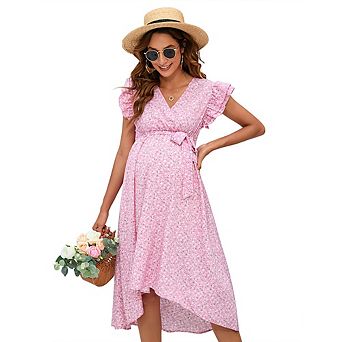 Women Summer Ruffle Sleeve Wrap Midi Dress V-Neck High Low Hem Floral Casual Dress