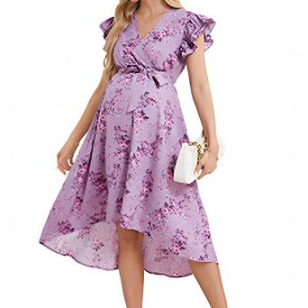 Women Summer Ruffle Sleeve Wrap Midi Dress V-Neck High Low Hem Floral Casual Dress