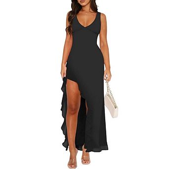 Women High Slit Cocktail Party Dress V Neck Sleeveless Mesh Ruffle Hem Backless Maxi Dress