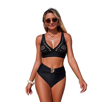 Women's Cutout High Waist Bikini Set Metal Buckle Two Piece Swimsuit for Beach Vacation