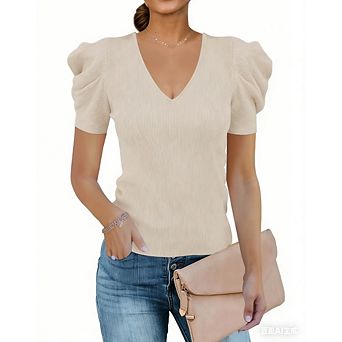 Womens Puff Short Sleeve Knit Pullover Rib Slim Fit Sweaters Casual Dressy V Neck Work Office Tops