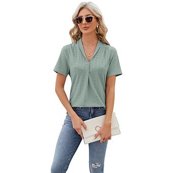 Womens Casual Blouses V Neck Short Sleeve Shirts Hollow Out Business Summer Tops