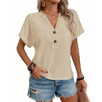 Womens Henley Short Sleeve Shirts Casual V Neck Blouses for Office Daily Wear