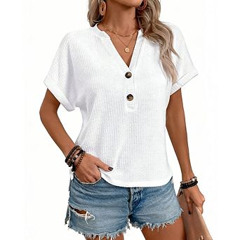 Womens Henley Short Sleeve Shirts Casual V Neck Blouses for Office Daily Wear