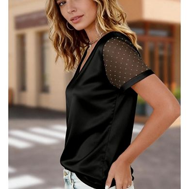 Women's Satin V Neck Blouse Short Sleeves Casual Sheer Mesh Evening Top