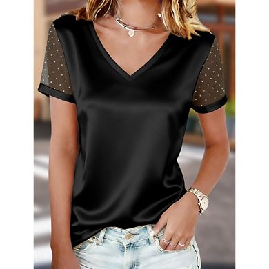 Women's Satin V Neck Blouse Short Sleeves Casual Sheer Mesh Evening Top