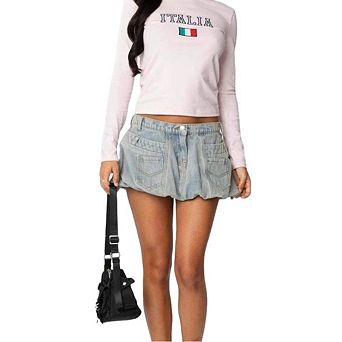 Women's Summer Retro Denim Mini Skirt with Pockets & Floral Embroidery Slim Waist Design