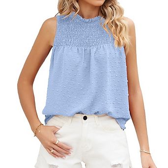 Womens Casual Sleeveless Tank Top Mock Neck Smocke Bodice Swiss Dot Loose Fit Vest