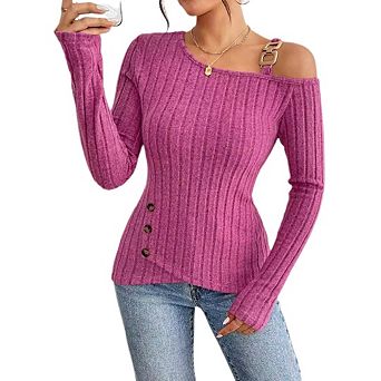 Women's Off Shoulder Asymmetric Hem T Shirt Long Sleeve Ribbed Knit Casual Top with Metal Buckle