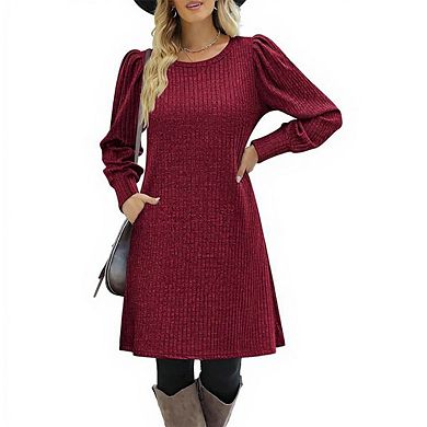 Women Crew Neck Casual Tunic Dresses Puff Long Sleeve Knitted Pullover Dresses with Pockets