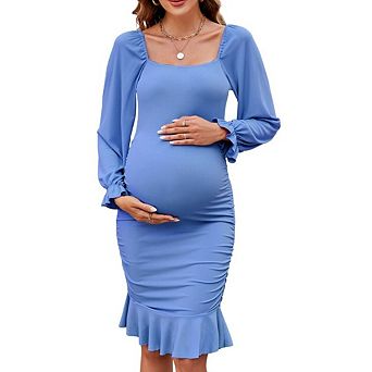Long Puff Sleeve Baby Shower Dress Maternity Dress Square Neck Ruffle Hem Smocked Bodycon Mermaid