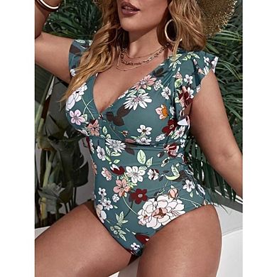 Women's Plus Size 1 Piece Swimsuit Tummy Control V Neck Ruffle Sleeve Bathing Suit Swimwear