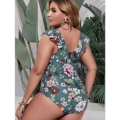 Women's Plus Size 1 Piece Swimsuit Tummy Control V Neck Ruffle Sleeve Bathing Suit Swimwear