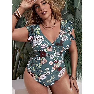 Women's Plus Size 1 Piece Swimsuit Tummy Control V Neck Ruffle Sleeve Bathing Suit Swimwear