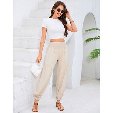 Women's Smocked High-Waist Harem Pants Elastic Wide-Leg with Pockets