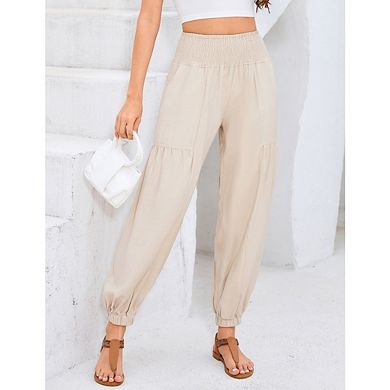 Women's Smocked High-Waist Harem Pants Elastic Wide-Leg with Pockets