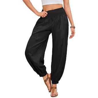 Women's Smocked High-Waist Harem Pants Elastic Wide-Leg with Pockets