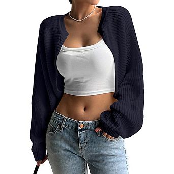Lazy Style Cropped Knit Cardigan, Loose Lantern Sleeve Open Front Sweater, Casual Layering Top